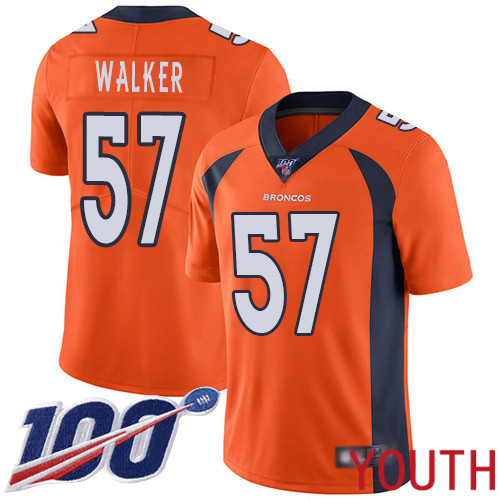 Youth Denver Broncos 57 Demarcus Walker Orange Team Color Vapor Untouchable Limited Player 100th Season Football NFL Jersey